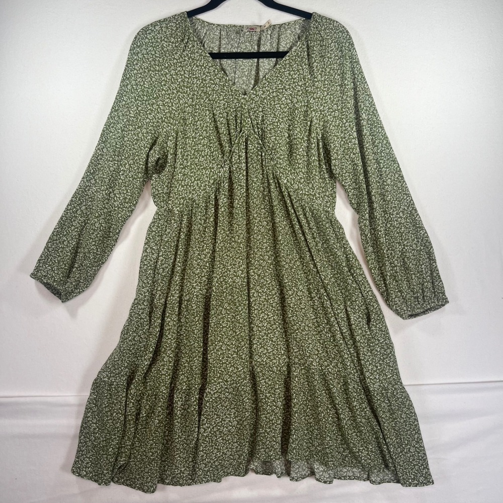 Faherty Isha Dress Olive Green Floral Ecovero Viscose V-Neck Tiered Mini M